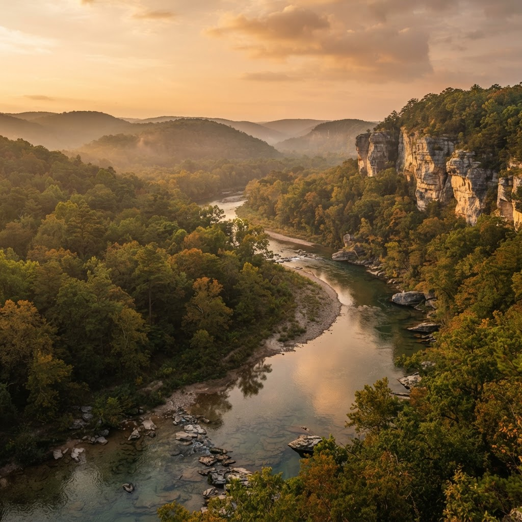 A spring-fed river winding through the forested hills and limestone bluffs of the Ozark Mountains at golden hour